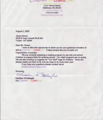 Thank you letter from Child of Chaos Organization  