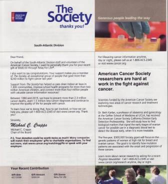 Thank you letter from the American Cancer Society