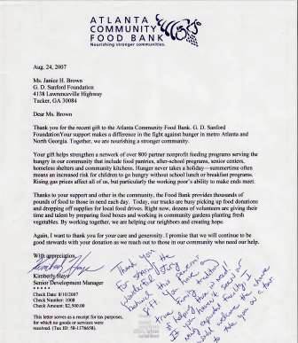 Thank you letter from the American Community Food Bank