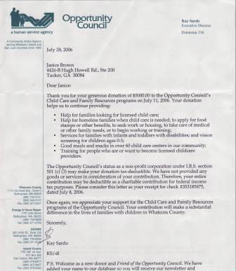 Thank you letter from the Opportunity Council