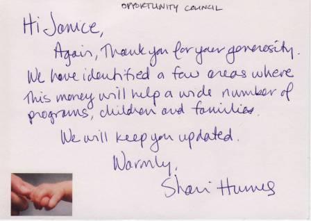 Handwritten thank you note from the Opportunity Council