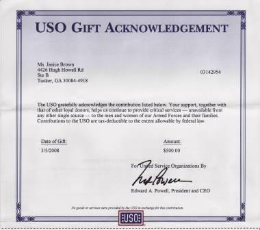Gift Anknowledgement from the USO