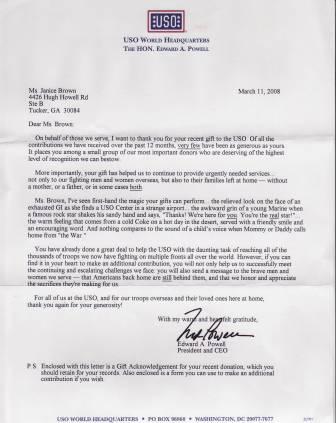 Thank you letter from the USO