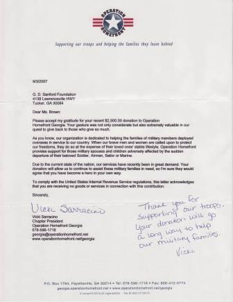 Thank you letter from the Operation HomeFront Organization